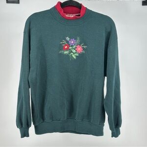 Women’s Large Grannycore Green TurtleneckSweatshirt with Floral‎ Embroidery Frog